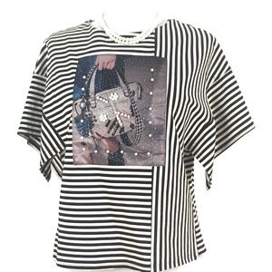 WHY Wearable Art Sequin Art Black White Striped Blouse NWT size Medium
